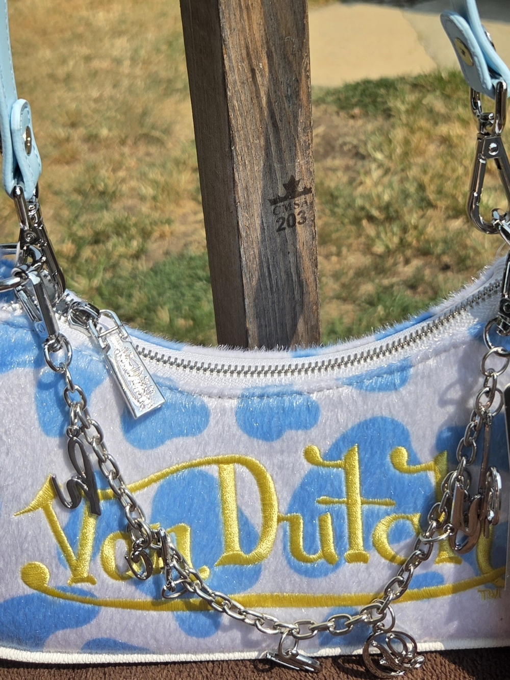 Von Dutch Light Blue and White Cow Print Shoulder Bag with Yellow Logo